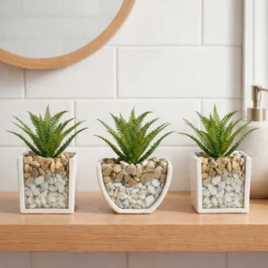3 Vasos Arranjos Com Pedras E Flores Decoração Sala Banheiro